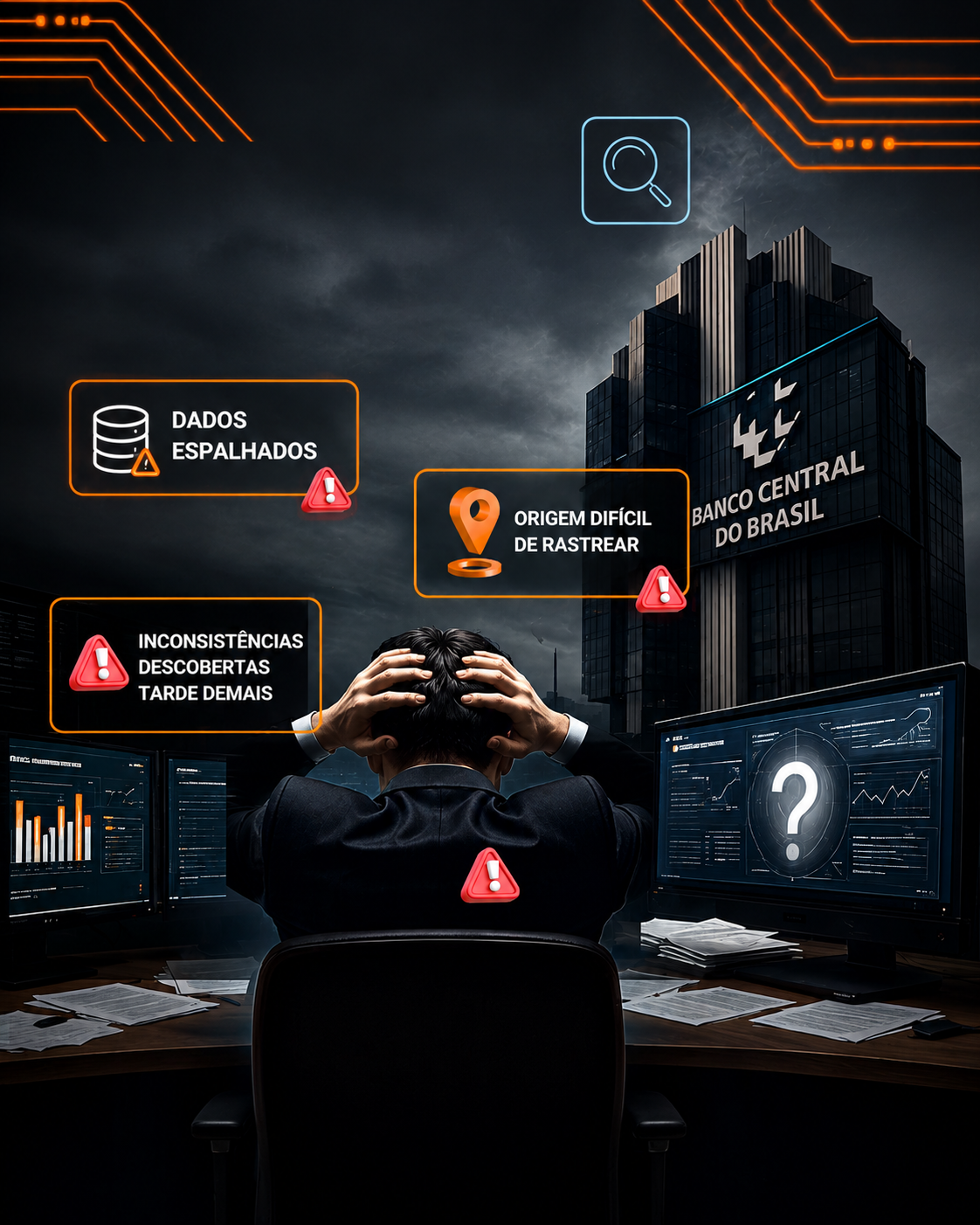 Analista diante de paineis regulatorios com alertas de dados espalhados, origem dificil de rastrear e inconsistencias descobertas tarde demais, com o predio do Banco Central ao fundo