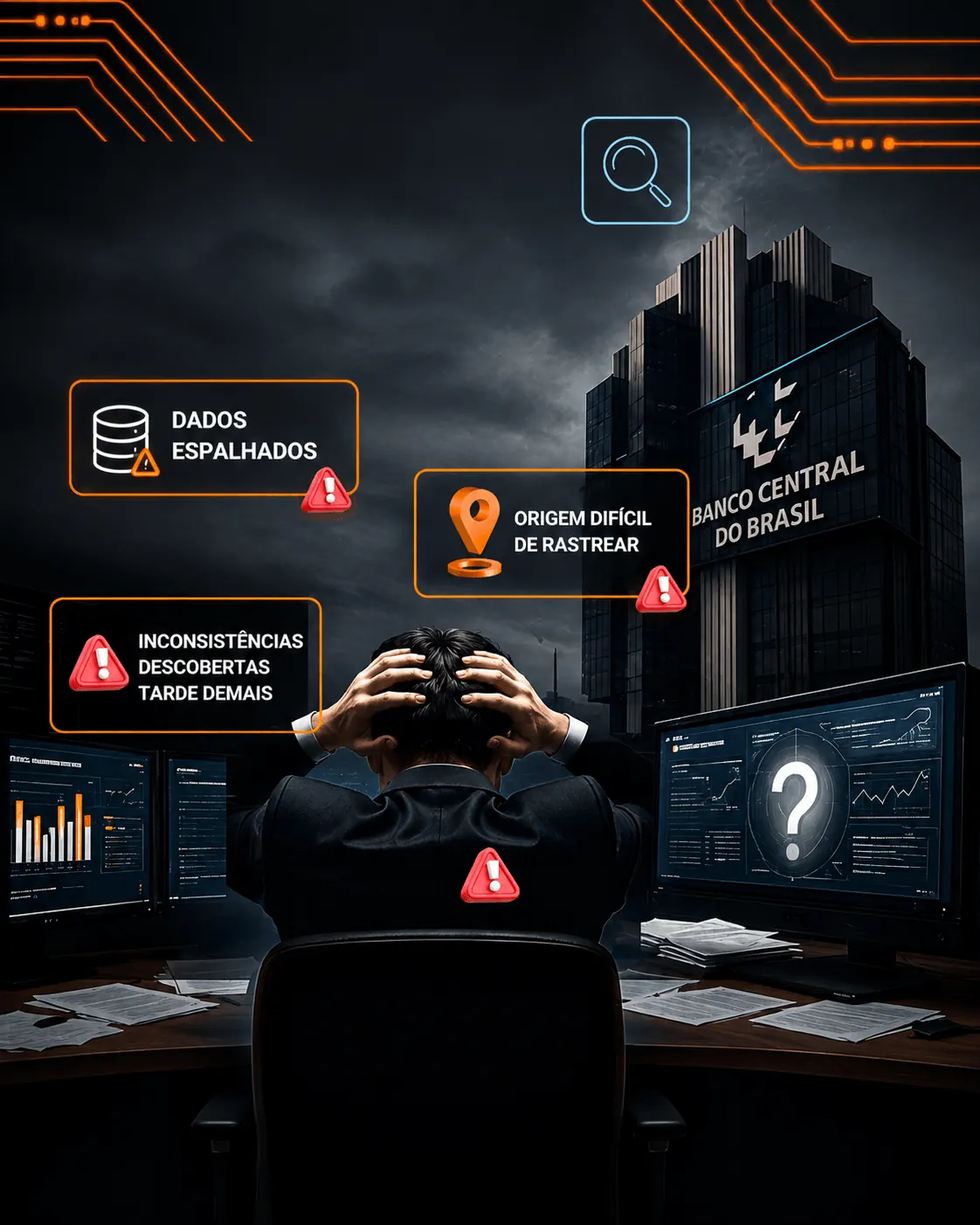 Analista diante de paineis regulatorios com alertas de dados espalhados, origem dificil de rastrear e inconsistencias descobertas tarde demais, com o predio do Banco Central ao fundo